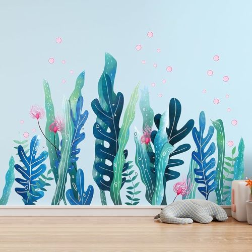 Amaonm Creative Cartoon Removable 3D Under The Sea World Nature Scenery Wall Stickers Ocean Grass Colorful Seaweed Baseboard Wall Decal for Wall Corner Nursery Room Bathroom Living Room (Grass)