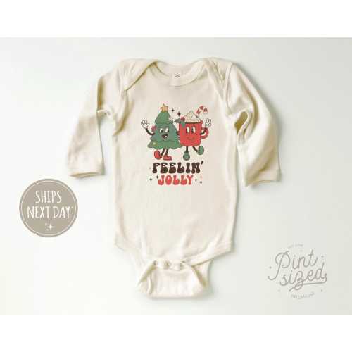 Feeling Jolly Baby Long Sleeve Onesie® - Retro Christmas Bodysuit - Cute Natural Baby Onesie®