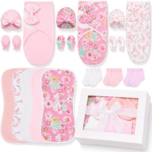 Ramede 18 Pack Newborn Layette Set 100% Cotton Supplies,Pink,0-3 Months | Newborn Girls Essential Kit Baby Gift Set Include Swaddle Blankets, Burp Cloths, Hats, Mittens and Socks for 6-13 Lbs Baby