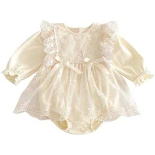 Infant Baby Girls Romper Dress Ruffle Long Sleeve Lace Skirt Baby Birthday Outfit for 3M-2Y