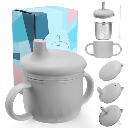 Mity rain 3-In-1 Stainless Steel Sippy Cup for 6+ Month Old, Baby Straw Cups for Toddlers 1-3 with Travel Lid, Silicone Straw, Replacement Straw & Cleaning Brush - 8oz Toddler Cups Spill Proof Set