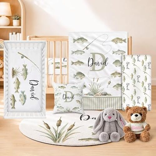 Personalized Fishing Baby Crib Bedding Set 5 Pcs for Boys Gifts