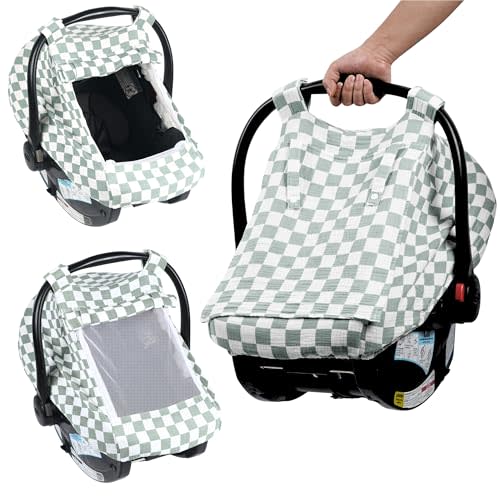 Summer Muslin Car Seat Cover for Baby – Breathable & Privacy Canopy with Large Mesh Window,3 Adjustable Modes,Easy Install Universal Fit for Infant Car Seats,Sage Green Checkered