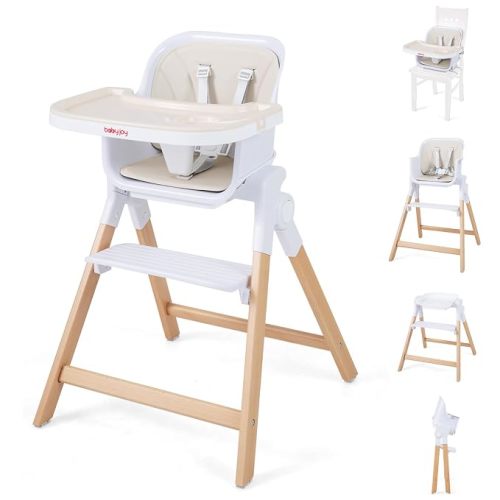 BABY JOY 4-in-1 Convertible High Chair, Foldable Wooden Highchair for Babies and Toddlers | Dining Booster Seat | High Stool, Double Removable Tray, 5-Point Safety Harness & Easy Clean Cushion (Beige)