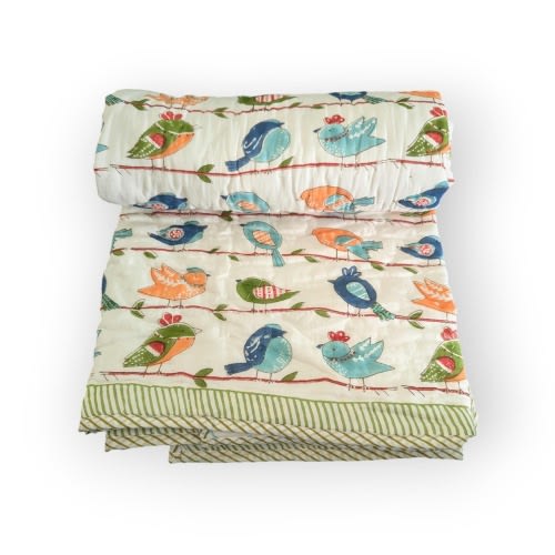 Birdie Giraffe Deer Crane Handcrafted Block Print Baby or Kids Soft Cotton Reversible Blanket (42x60 inches)