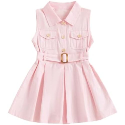 1-5Y Little Kids Toddler Baby Girl Summer Clothes Sleeveless Collared Button Dress Pockets Belted Tank Dresses