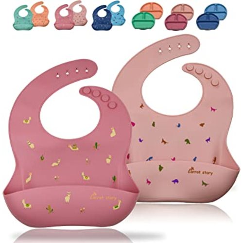 Carrot story 100% Silicone Pocket Baby Toddler Bibs, Waterproof Washable Bibs, BPA Free, Microwave/Dishwasher Safe, Set of 2