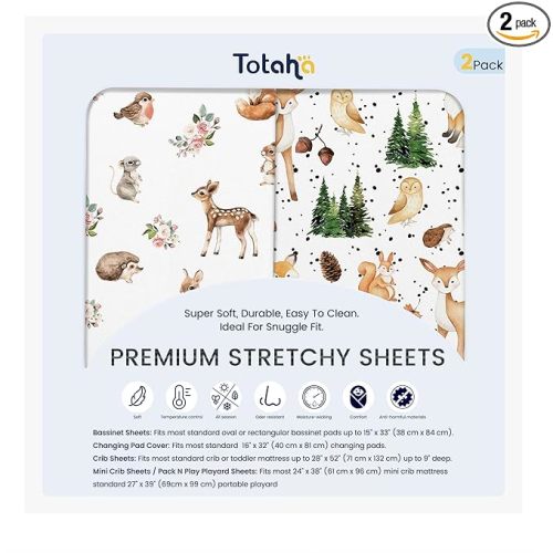 TotAha Crib Sheets for Boys Girls, Premium Soft Crib Mattress Fitted Sheet, Super Stretchy Jersey Knit Baby Sheets, Silky Comfort Baby Bed Sheets 28x52x9 Extra Deep Pocket, 2 Pack (Forest Animals)