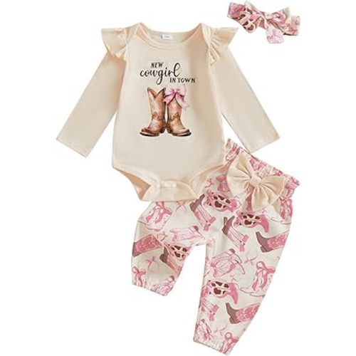 Western Newborn Baby Girl Fall Winter Clothes Cowgirl Ruffle Long Sleeve Romper + Jogger Pant 3Pcs Outfit Set
