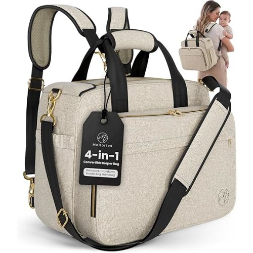 Mellories 4 in 1 Convertible Diaper Bag Tote for Baby Boys and Girls - Converts into Diaper Backpack, Baby Tote, Stroller and Crossbody Diaper Bag - Beige Baby Travel Bag - Gift for Mom