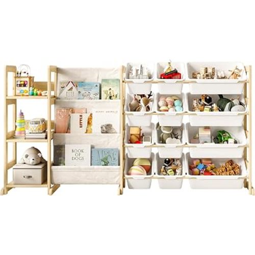 EXPERLAM 3-in-1 Kids Bookshelf with Toy Storage, Front Rack, 12 Bins