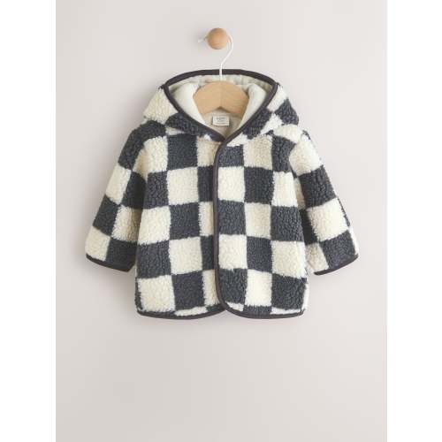Charcoal Grey Checkerboard Hooded Baby Borg Jacket (0-18mths)