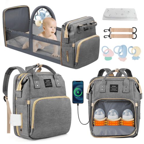 Diaper Bag Backpack, Multifunctional Baby Diaper Bags with Foldable Crib & Changing Station,Large Capacity Portable Travel Back Pack W/ USB Charging Port & Stroller Strap, Baby Shower Gifts(Gray)