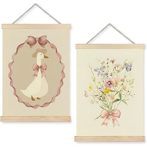 Nipil Coquette Pink Bow Floral Silly Goose Poster Well Art, Rustic Farm Animal Cute Goose Aesthetic Hanging Canvas Framed Wall Art Decor for Girls Room Nursery Playroom, 12x16 Inch Set of 2