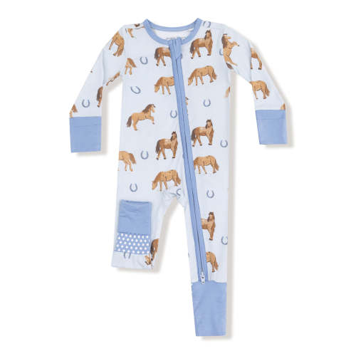 2-Way Zip Romper, Horses Blue