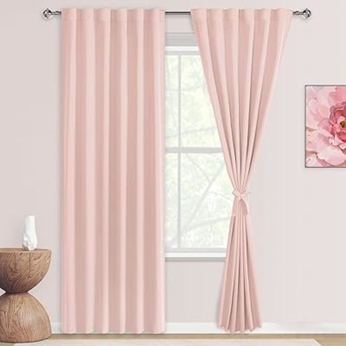 DWCN Pink Curtains 84 inches Long for Girls Bedroom - Thermal Insulated Light Blocking Back Tab/Rod Pocket Tieble Window Treatment Panels for Nursery, Living Room, 52 x 84 Inch, 2 Panels, Blush Pink
