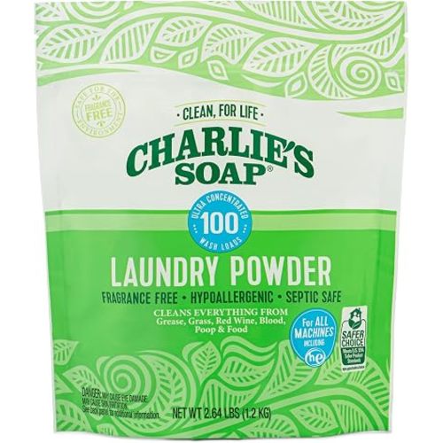 Charlie’s Soap Laundry Powder (100 Loads, 1 Pack) Hypoallergenic Deep Cleaning Washing Powder Detergent – Eco-Friendly, Safe, and Effective