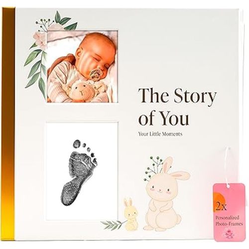 Baby Memory Book for Baby Boy or Girl - Baby Book Keepsake with Ink Pad and Two Personalized Frames - Record Every Event from Birth to Age 5 Gender Neutral Scrapbook - Baby Gifts Gender Neutral
