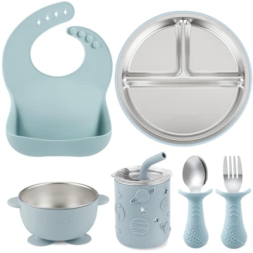 PandaEar 6-in-1 Stainless Steel Baby Feeding Set | Divided Suction Plate, Bowl, Sippy Cup with Straw, Bib, Spoon & Fork | BPA-Free Toddler Feeding Essentials for Self-Feeding (Blue)