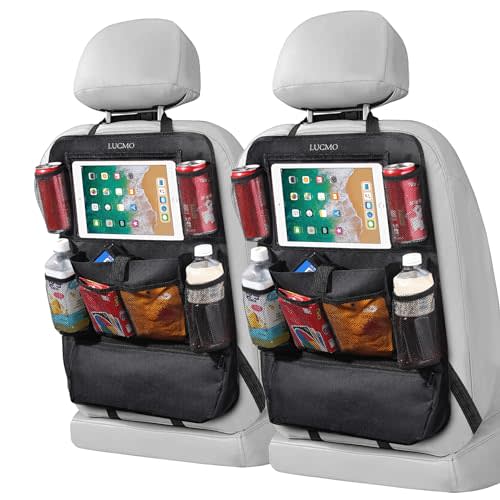 LUCMO Car Backseat Organizer with Touch Screen Tablet Holder-2 Pcs,9 Storage Pockets Car Storage Organizer, Protectors Kick Mats Travel Accessories for Kids-Black