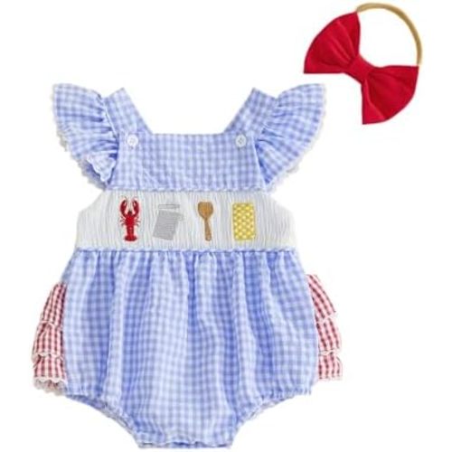 Newborn Baby Girl Summer Clothes Lobster Print Flying Sleeve Bubble Romper Plaid Bodysuit Cute Coming Home Outfit