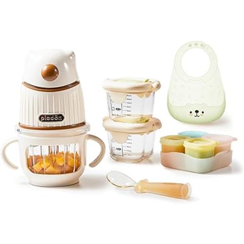 Baby Food Maker Set with 316 Steel Blades & Glass Bowl, White Baby Food Blender with A Feeding Spoon, A Bib, 4 Separate Food Ice Cube Trays and Two 7oz Food Storage