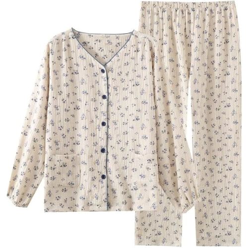 Womens Cotton Gauze Pajama Set Floral Print 2 Piece Pj Set Long Sleeve Fall Sleepwear Cute Pj Sets