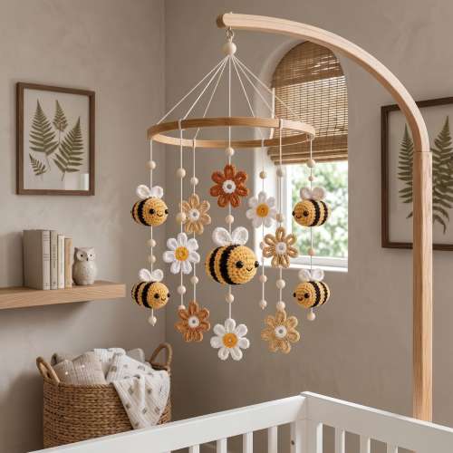 Bee Baby Mobile, Crochet Baby Mobile, Handmade Baby Mobile, Crib Mobile, Flower Nursery Decor, Boho Baby Shower Gift