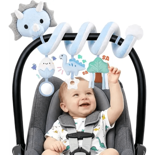 Stuffed Dinosaur Spiral Car Seat Toys Hanging for Babies 0-3 3-6 6-12 Months, Plush Infant Stroller Toy with Silicone Teether, Crinkle and Squeaker, Soft Cute Shower Gifts for Newborn Boys Girls