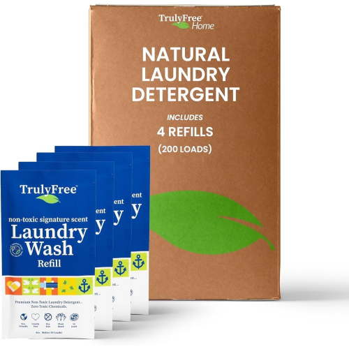 Truly Free Laundry Detergent for Sensitive Skin | Gentle & Safe for Baby Clothes | Plant-Based | 4 Pack Refill Powder | Easy to Dissolve to Create a Liquid | Signature Wash Scented (200 Loads)