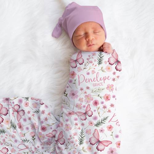 Personalized Butterfly Swaddle Blanket Flowers Name Baby Blanket Newborn Baby Girl Coming Home Outfit Hospital Photo Outfit Baby Shower Gift