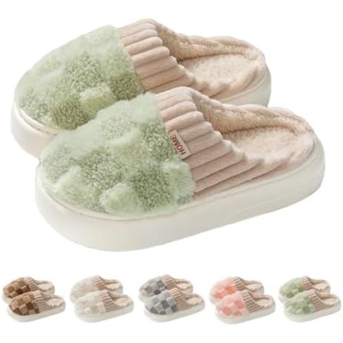 Checkered Slipper House Slippers for Women Men Plush Warm Fuzzy Slippers Flyffy Bedroom Shoes Indoor Slip On