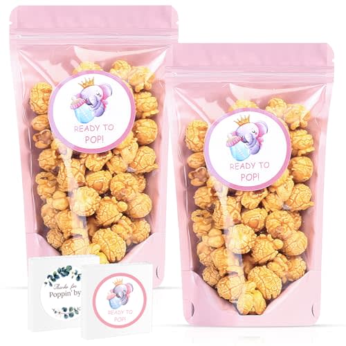 50 Pcs Babyshower Resealable Popcorn Bags with 50 free Thanks for Popping By, 50 Ready to Pop Stickers for Party Favors Snacks Treats (babyshower pink)