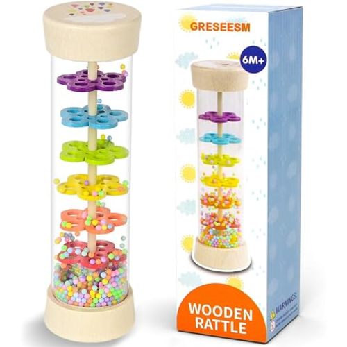 Rain Stick Montessori Baby Toys for 6-12 Months 1 Year Old, Wooden Rainmaker Infant Musical Sensory Toy, Baby Shower Gift for Newborn Toddler Boys Girls, 7.7"