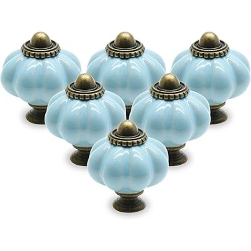 12pcs Baby Blue Pumpkin Knobs, Vintage Ceramic Cabinet Pulls, Dresser Handles With Mounting Screws for Drawers and Doors