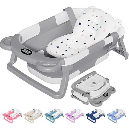 TPN Collapsible Baby Bathtub, Baby Bath Tub with Soft Cushion & Real-Time Thermometer, Baby Bathtub Infant to Toddler Tub (0-36 Months), Portable Newborn Travel Bath tub