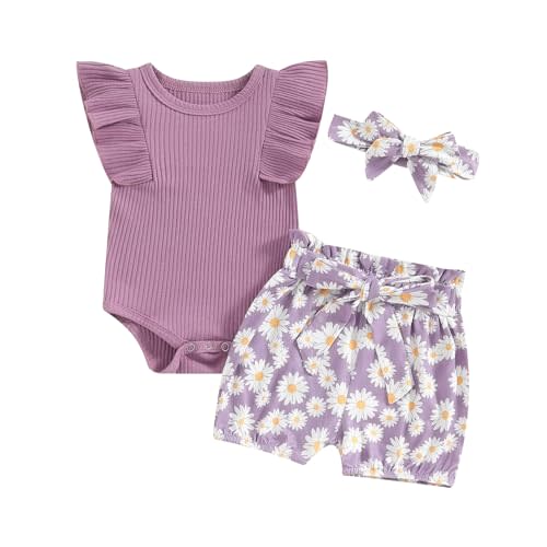 Newborn Infant Baby Girl Summer Clothes Rib Frill Short Sleeve Romper Elastic Waist Shorts Headband 3Pcs Outfits Set