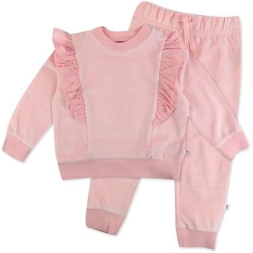 HonestBaby baby-girls 2-piece Velour Ruffle Front Sweatsuit 100% Organic Cotton for Infant Baby Girls