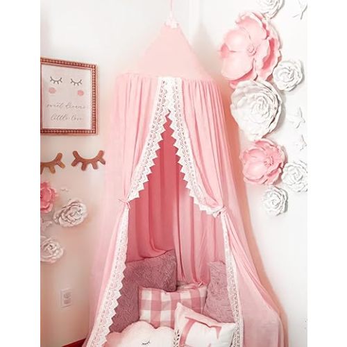 Princess Bed Canopy Mosquito Net for Kids Baby Crib, Round Dome Kids Indoor Outdoor Castle Play Tent Hanging House Decoration Reading Nook Cotton Canvas,Pink