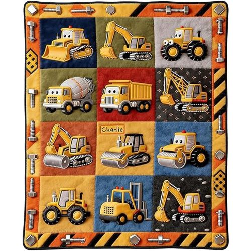 Personalized Truck Blankets for Kids, Construction Blanket for Boys, Custom Dump Truck Excavator Bulldozer Throw Cozy Fleece Blanket for Toddler, Christmas Birthday Gifts for Toddler Vehicles Lover