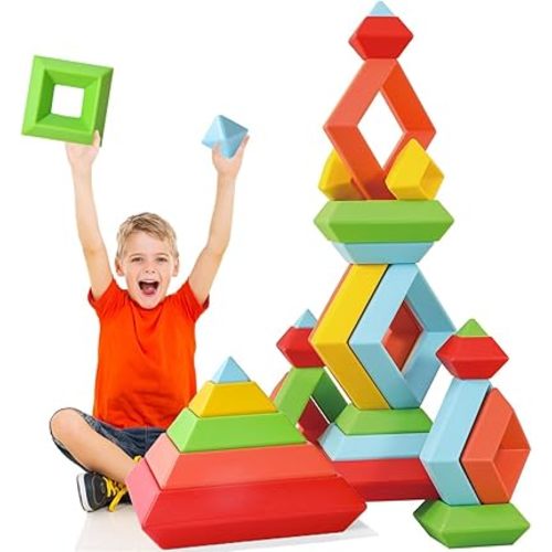 Large Building Blocks Set - 30 Giant Blocks for Stacking - Develops Hand Eye Coordination & Cognitive Skills - Ages 4-8 - Indoor & Outdoor Play