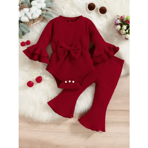 SHEIN Baby Girl Flounce Sleeve Bow Front Bodysuit & Flare Leg Pants | SHEIN
