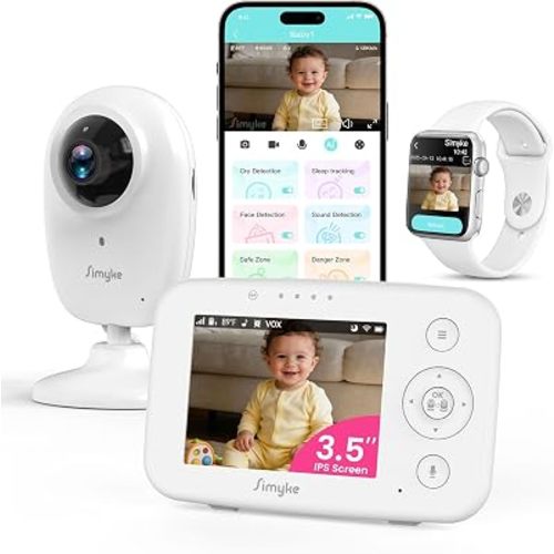 Simyke 1080P Smart AI Video Baby Monitor,3.5" LCD & App Viewing,WiFi On/Off Switch,2-Way Audio,Night Vision,VOX,5 Lullabies,1500ft Range, Home Use,AI Baby Growth Album