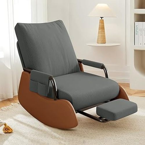 Rocking Chair Nursery, Upholstered Glider Rocking Chair with Side Pocket and Adjustable High Backrest, Comfortable Rocker Recliner with Footrest Perfect for Living Room Bedroom, Deep Grey
