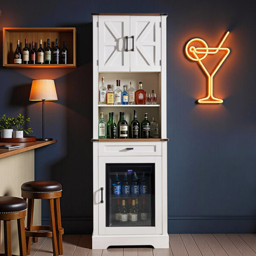 Gracie Oaks 69" Tall Bar Cabinet with Mini Fridge & Adjustable Shelves, Pantry Cabinet for Living Room or Dining Room & Reviews | Wayfair