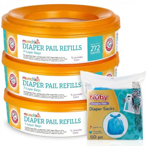 3 Munchkin A&H Diaper Pail Refill Rings, (7-Layer Bags, Each Holds Up to 272 Diapers) + Nuby Diaper Sacks, 50-Count | Lavender Scent Refills + Easy-Tie Disposable Bags Bundle