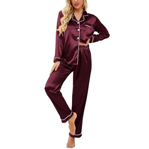 Ekouaer Women's Classic Button Down Long Satin Silk Pajama Set