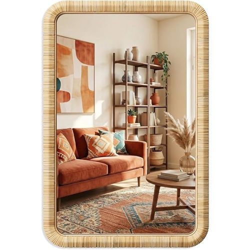 Barnyard Designs Rattan Wall Mirror, Rectangular Farmhouse Boho Accent for Bathroom, Entryway or Bedroom, Woven Natural Honey Rattan Frame (20" × 30", Rectangular)