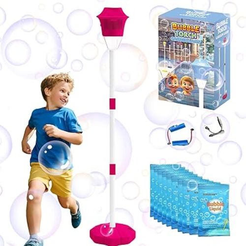 Bubble Machine Maker Stand, Rechargeable Bubble Tiki Torch Machine Adjustable Height 48 inch Bubble Blower Machine for Parties Wedding Birthday Halloween Outdoor Garden Lamp -10 Bubble Water