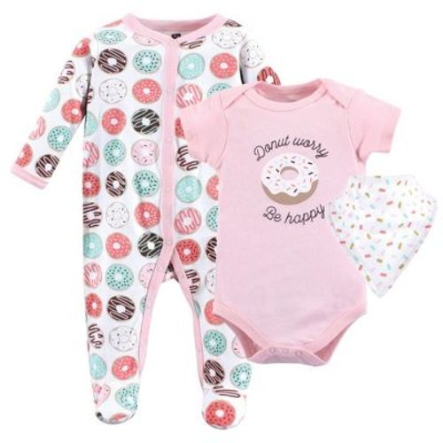 Hudson Baby Infant Girls Cotton Sleep and Play, Bodysuit and Bandana Bib Set, Donut Worry, 0-3 Months